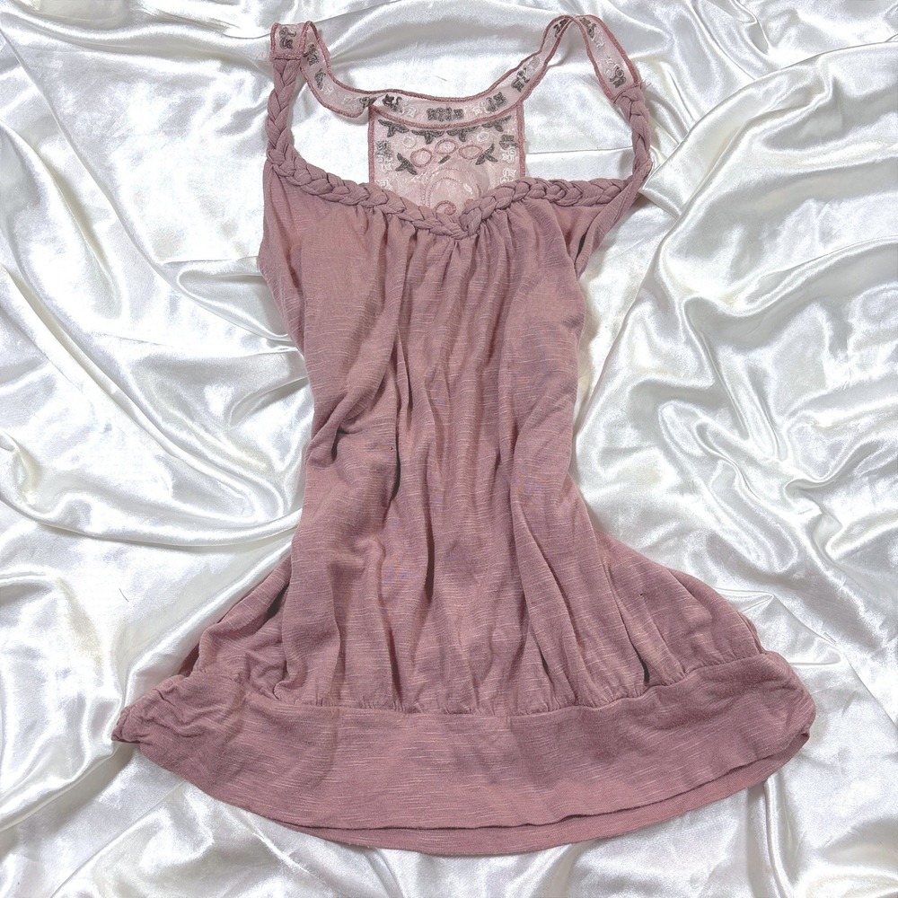 y2k Tank Top Mauve Excellent Braided Racerback Mesh Embroidered Edge by Mimi